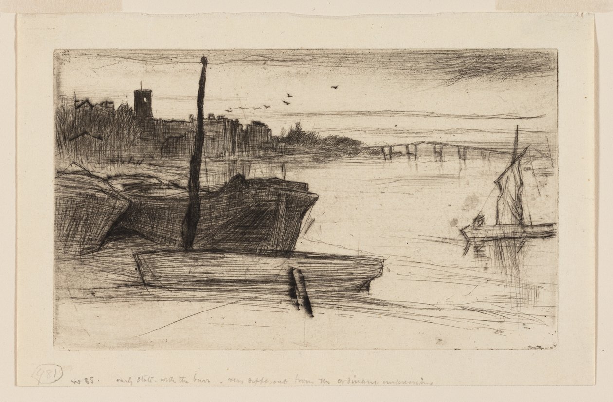 Chelsea Bridge a kostel od James Abbott McNeill Whistler