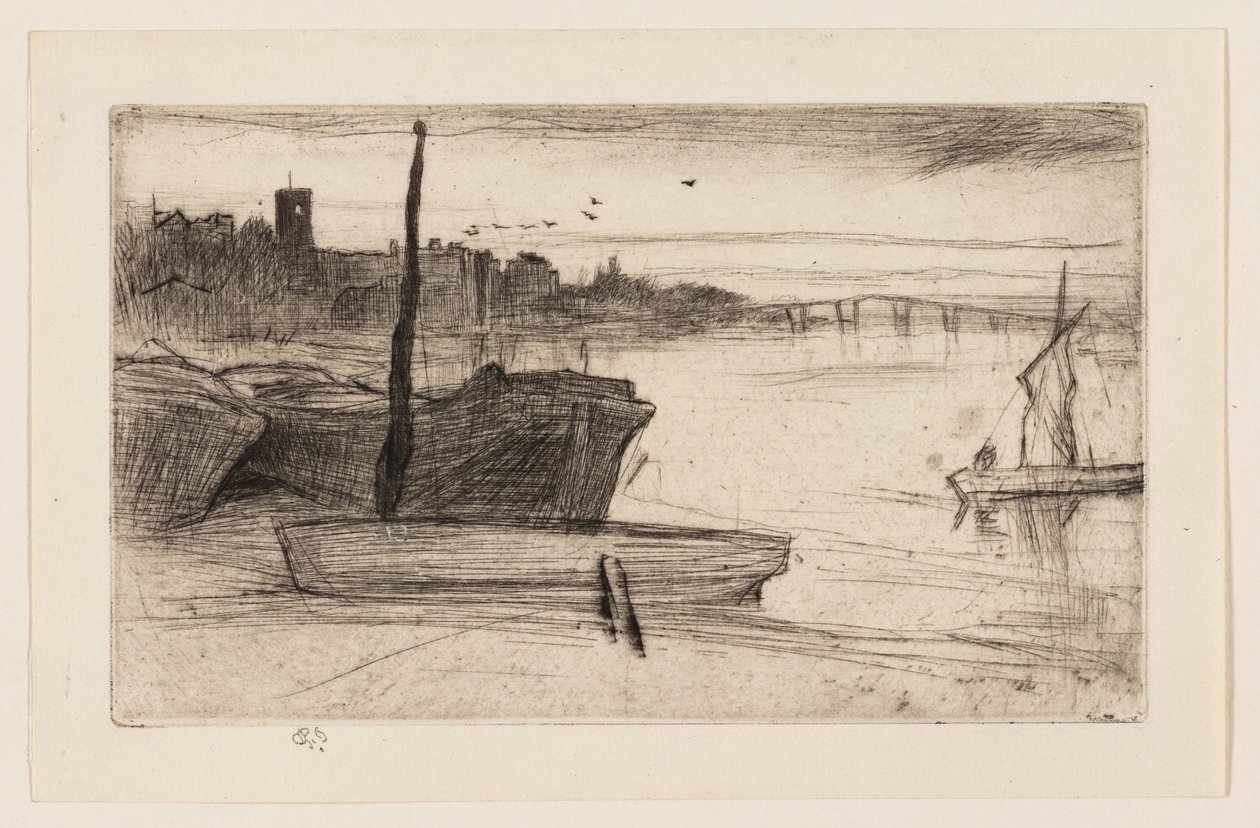 Chelsea Bridge a kostel od James Abbott McNeill Whistler