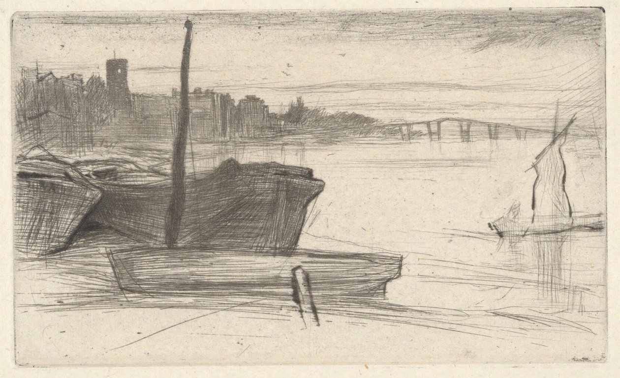 Most a kostel v Chelsea, ze souboru „Thames Set“ (série šestnácti leptů zachycujících výjevy z Temže a další náměty) od James McNeill Whistler