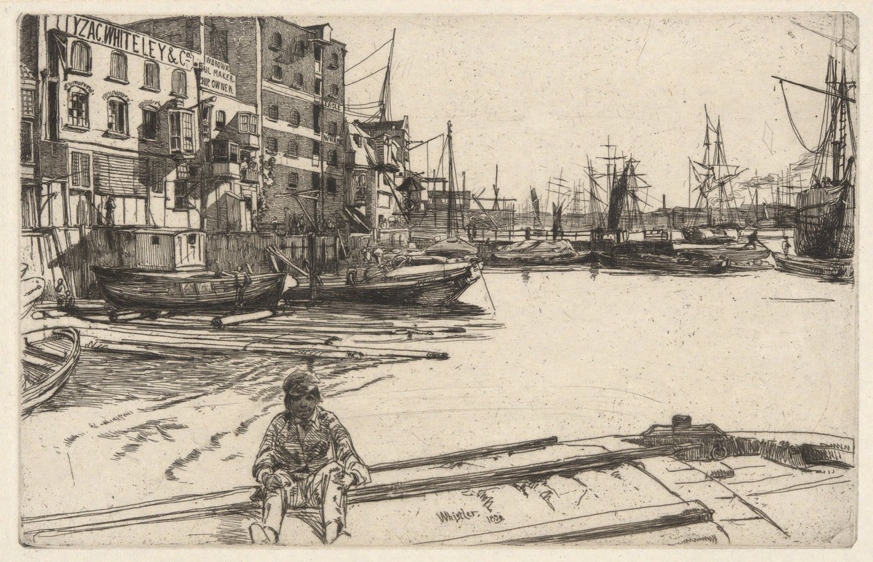 Eagle Wharf (Tyzac, Whiteley & Co.), ze souboru Temže (Série šestnácti leptů se scénami na Temži a jinými náměty) od James McNeill Whistler