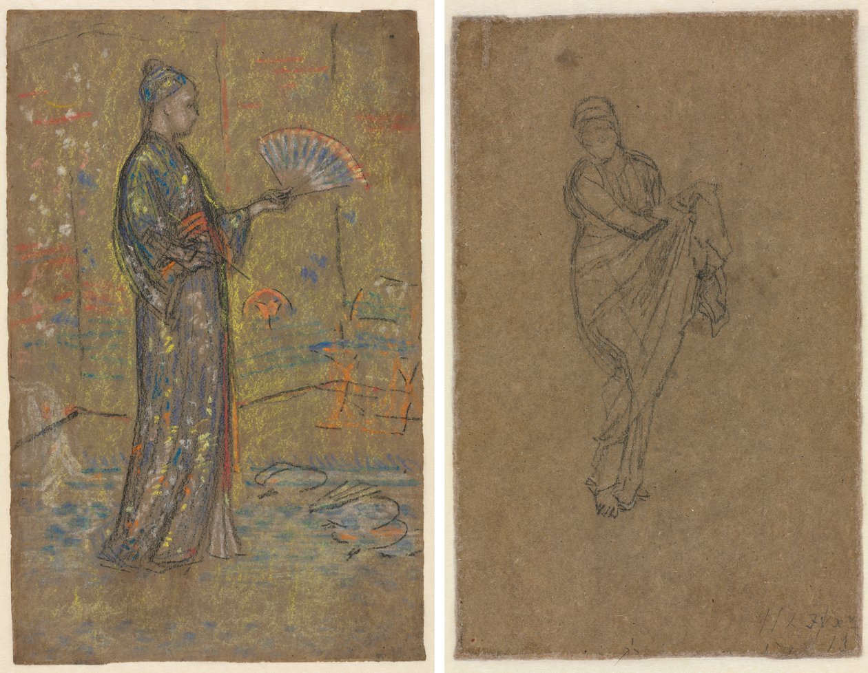 Japonská žena malující vějíř (recto); stojící žena zvedající své šaty (verso) od James McNeill Whistler