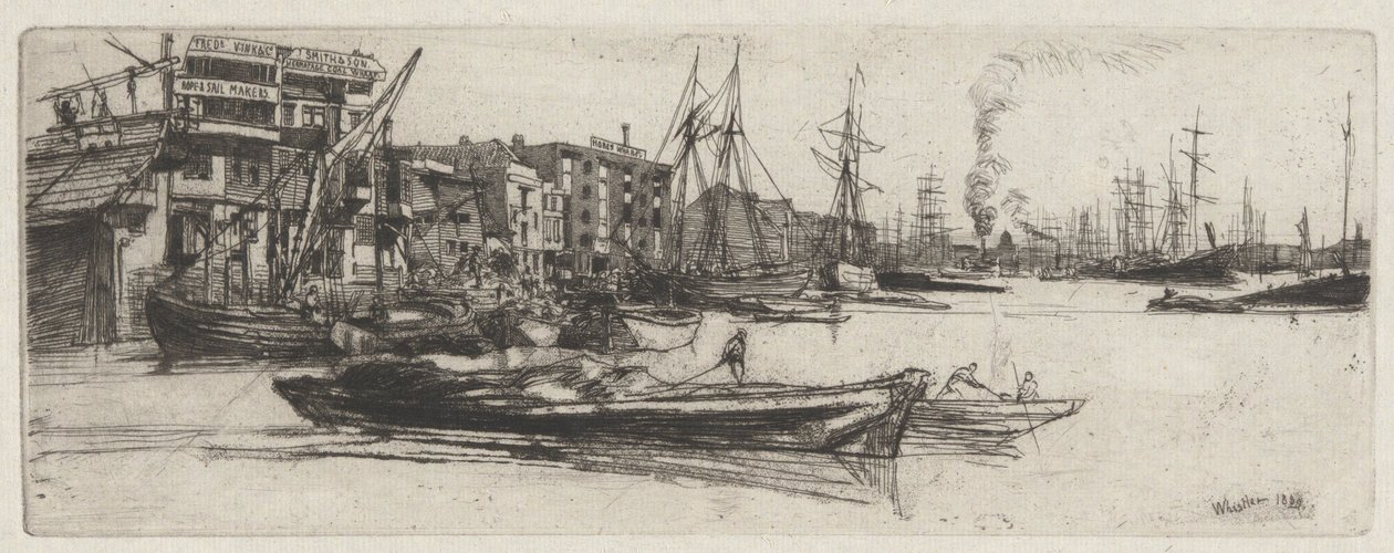 Thames Warehouse, ze souboru Thames Set (série šestnácti leptů scén na Temži a dalších témat) od James Abbott McNeill Whistler