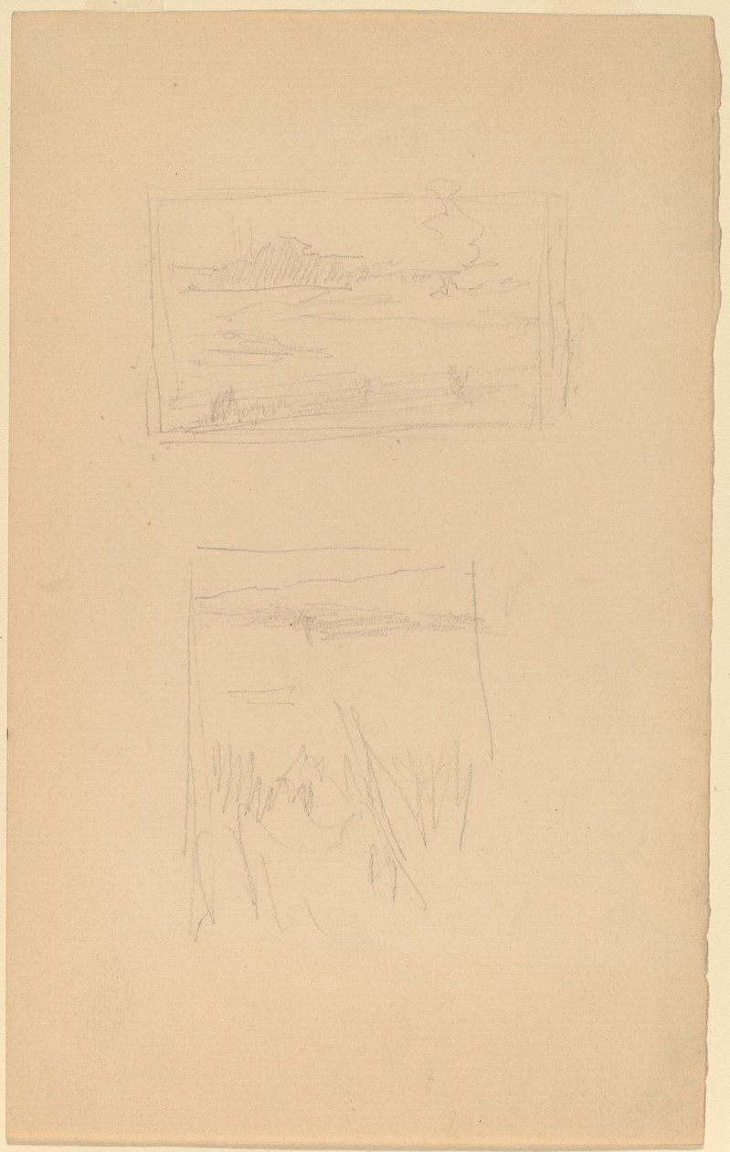 U Společnosti britských umělců visely dva náčrtky krajinných obrazů od James Abbott McNeill Whistler