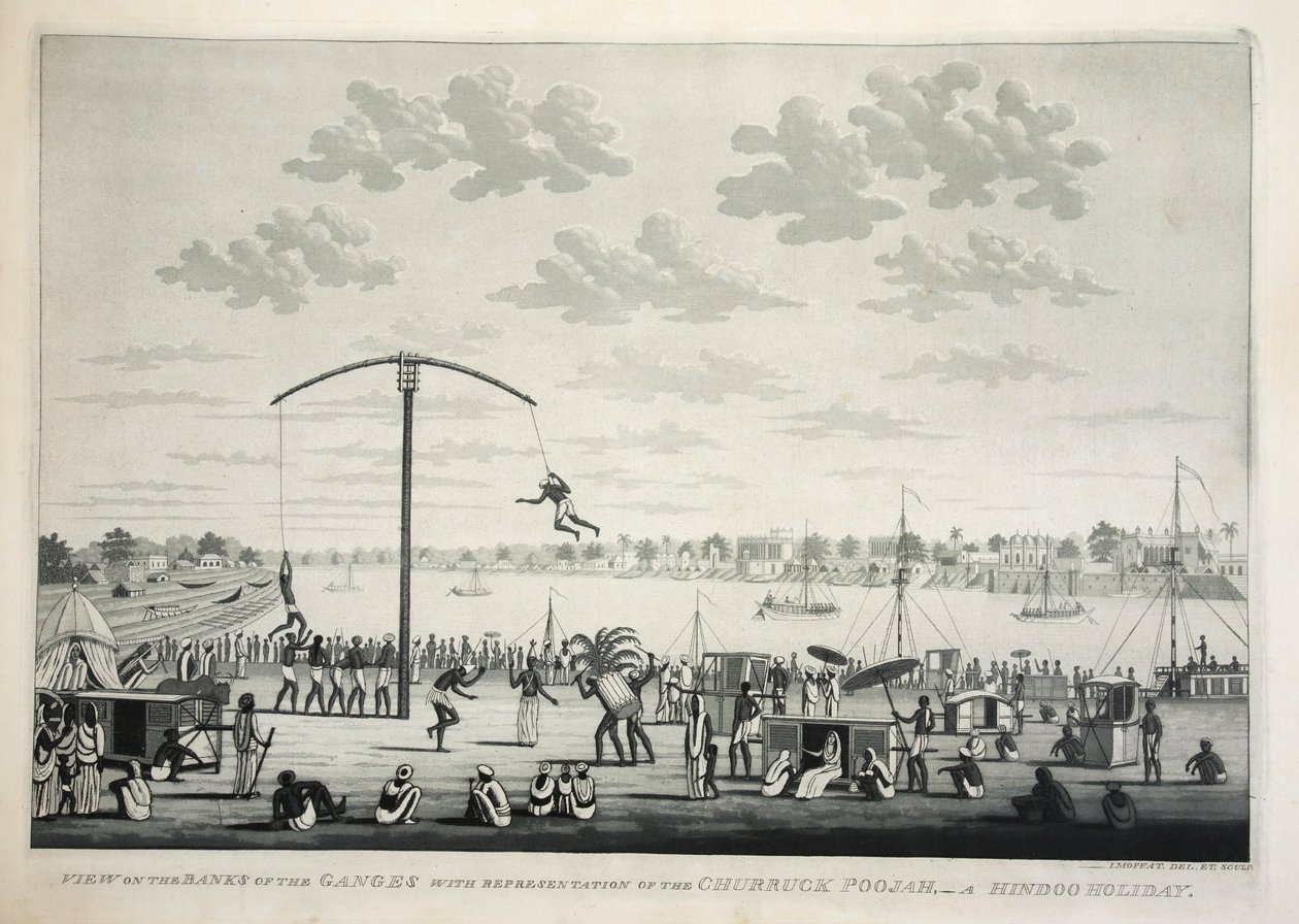 Pohled na břehy Gangy s vyobrazením Churruck Poojah …, hospoda. rytina z roku 1810. od James Moffat