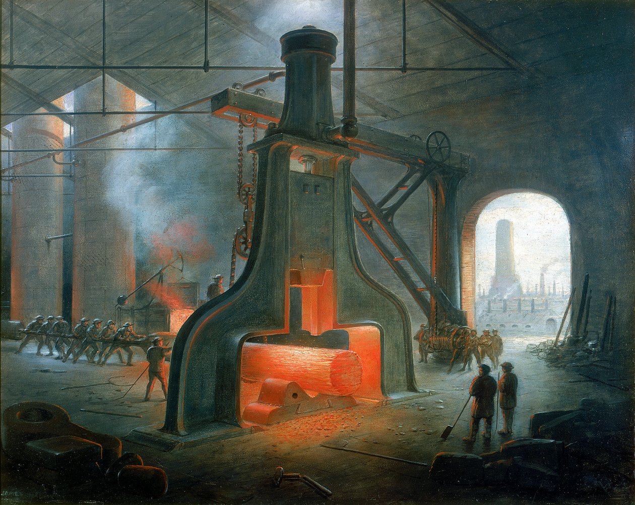 Parní kladivo Jamese Nasmytha vztyčené v jeho slévárně poblíž Manchesteru v roce 1832 od James Nasmyth
