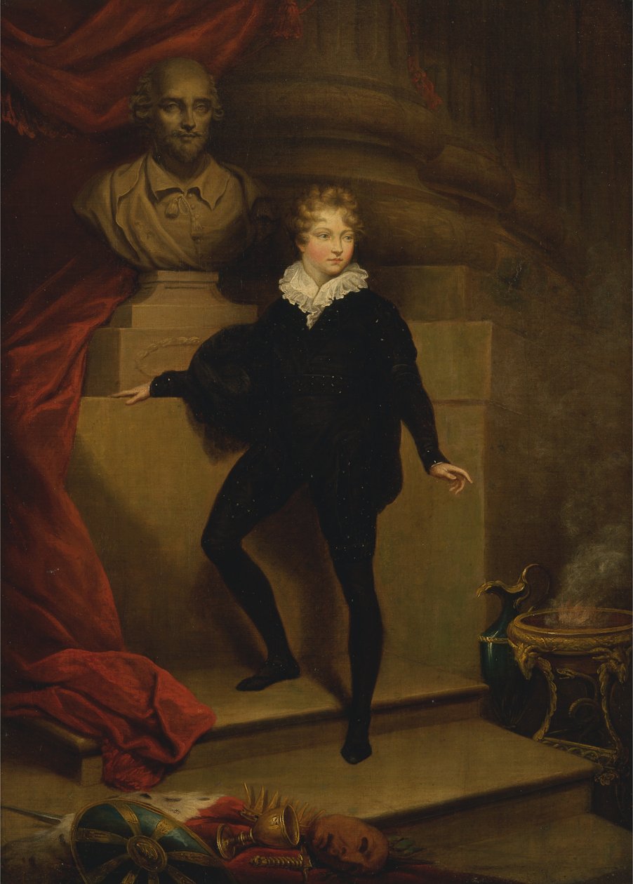 Mistr Betty jako Hamlet před Shakespearovou bustou od James Northcote