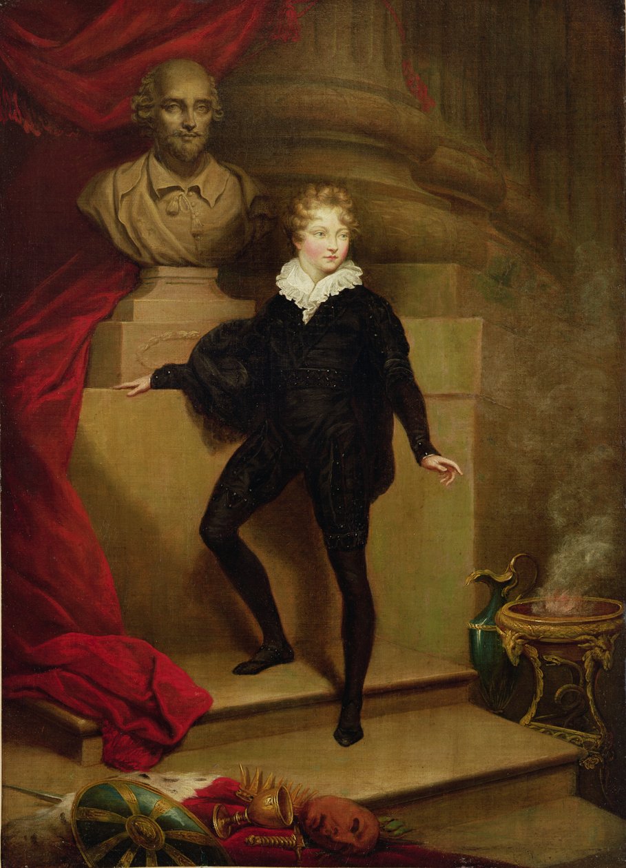 Mistr Betty jako Hamlet před bustou Shakespeara, kolem 1804-06 od James Northcote
