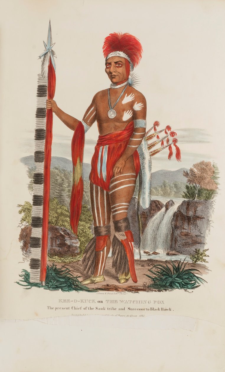 KEE-O-KUCK neboli Pozorující liška; současný náčelník kmene Sauli a nástupce Černého jestřába, z knihy The Aboriginal Portfolio. od James Otto Lewis