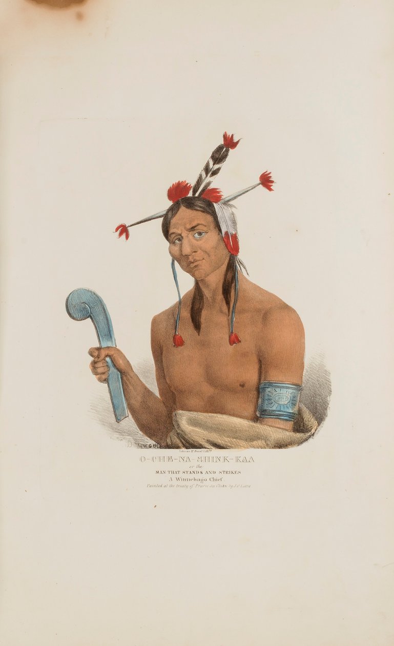 O-CHE-NA-SHINK-KAD aneb Muž, který stojí a útočí; náčelník Winnebago, z knihy The Aboriginal Portfolio (Domorodé portfolio) od James Otto Lewis