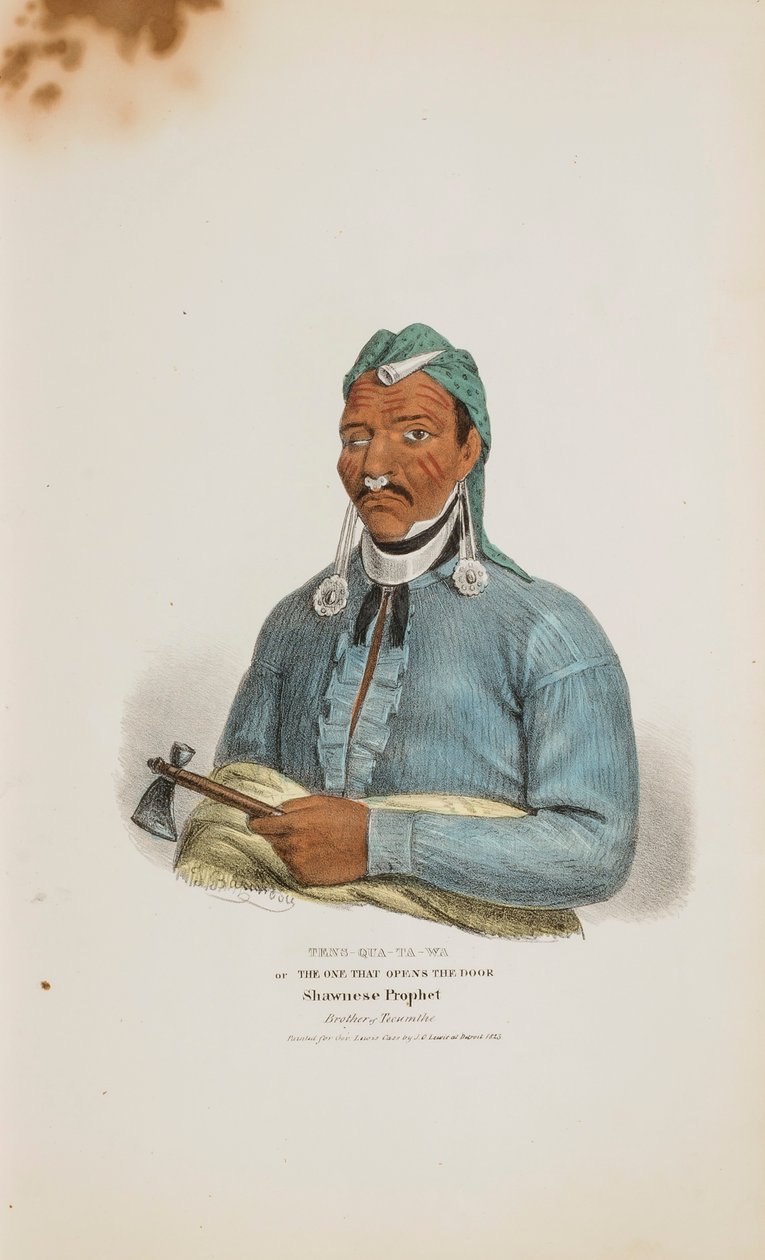 TENS-QUA-TA-WA neboli Ten, který otevírá dveře; Shawneský prorok (bratr Tecumthe), z Domorodého portfolia od James Otto Lewis