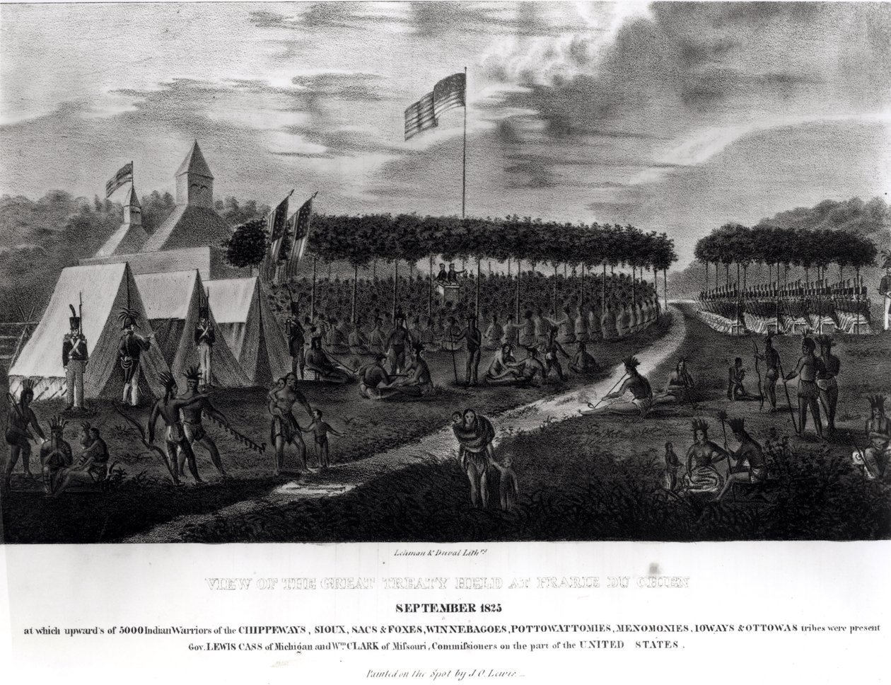 Pohled na Velkou smlouvu konanou v Prairie du Chien, Wisconsin, září 1825, z „The Aboriginal Portfolio“, 1825 od James Otto Lewis