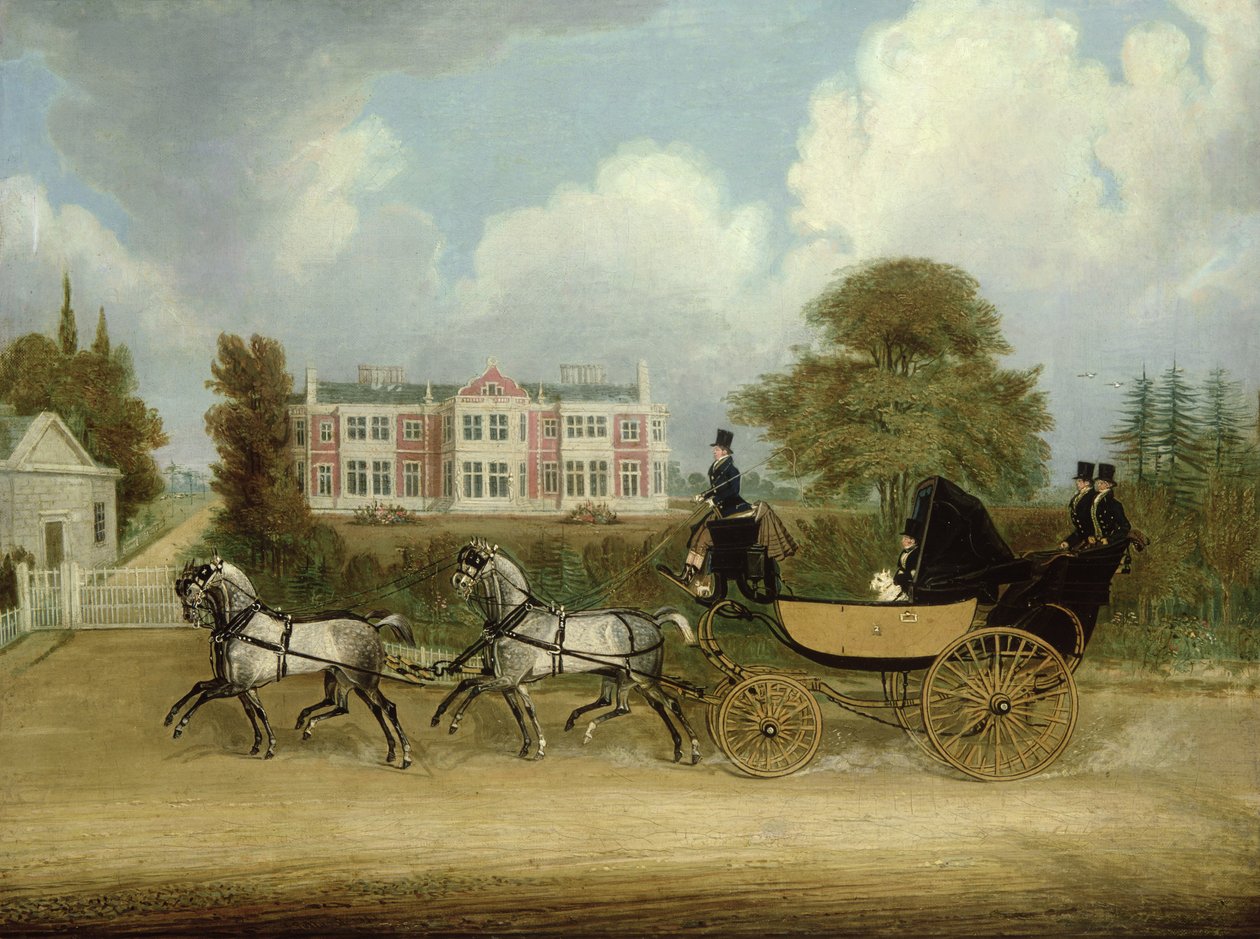 Barouche nakreslený Four Greys míjející Jacobean Mansion od James Pollard