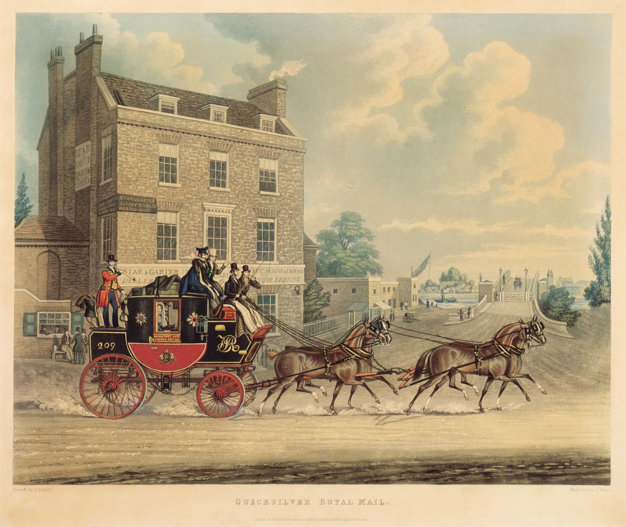 Quicksilver Royal Mail míjející Hvězdu a podvazek na Kew Bridge, 1835 od James Pollard