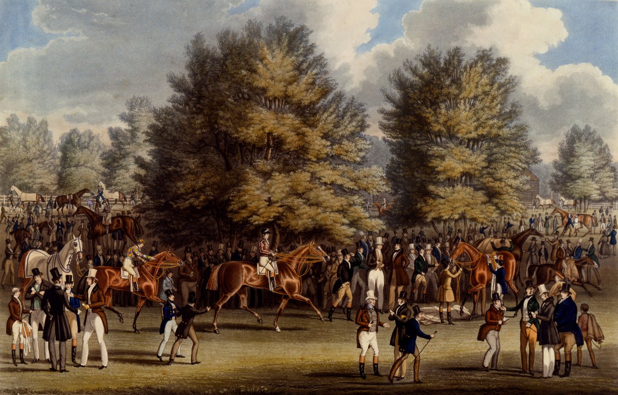 Sedlování ve Warrenu, tisk vytvořil Charles Hunt, 1836 (akvatinta) od James Pollard