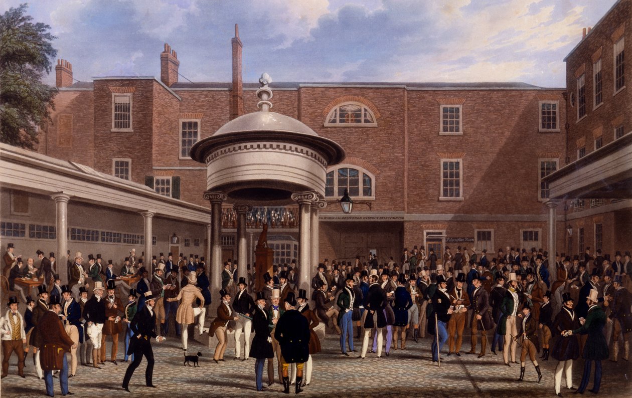 Settling Day at Tattersalls, tisk vytvořil Charles Hunt, 1836 (akvatinta) od James Pollard