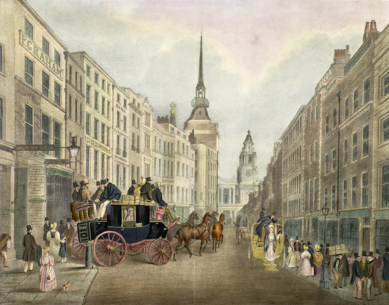 Cambridge Coach opouští Belle Sauvage Yard, Ludgate Hill od James Pollard