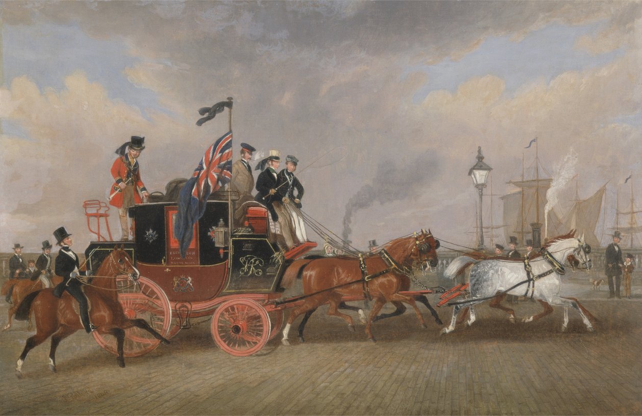 „Poslední z poštovních trenérů“: Královská pošta Edinburgh-Londýn v Newcastle-upon-Tyne, 5. července 1847 od James Pollard