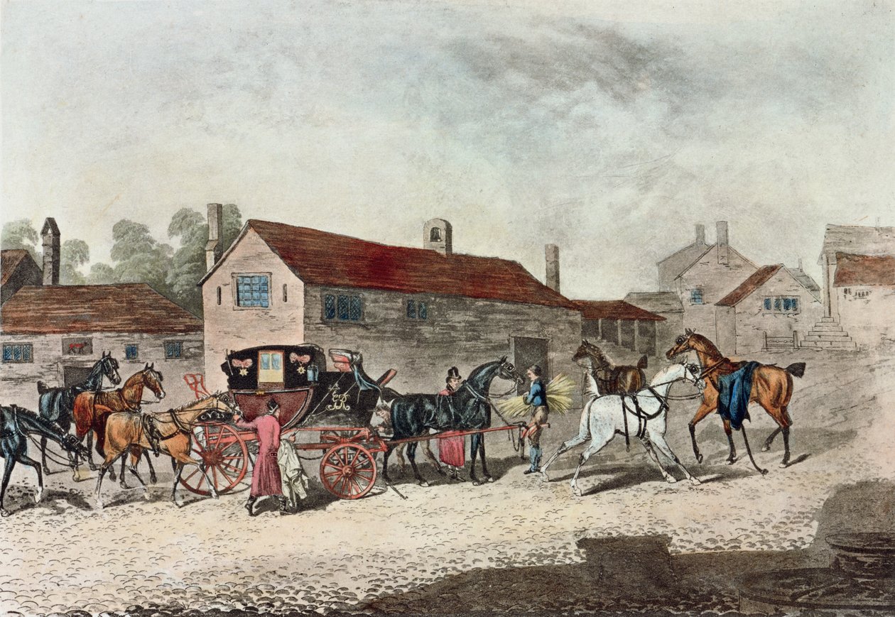 The Mail Coach Changing Horses, vyryl R. Havell, 1815 od James Pollard