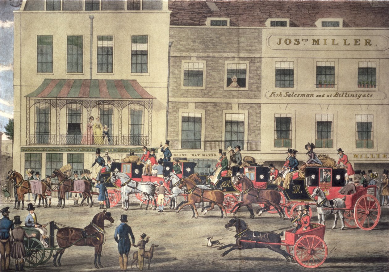 West Country Mails v Gloucester Coffee House, Piccadilly, vyryl C. Rosenberg, 1828 od James Pollard
