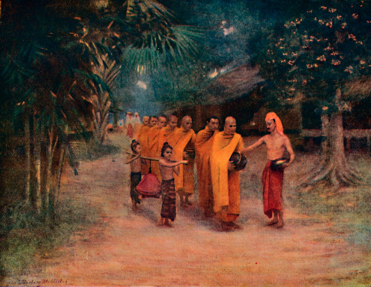 Barmští mniši žebrající ve vesnici – časné ráno, 1913 od James Raeburn Middleton