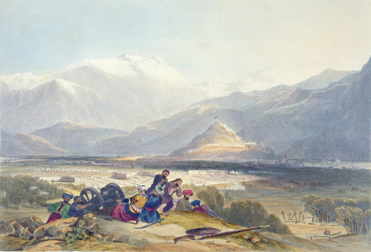 Bala Hissar a město Kábul s britskými opevněními z kopce Ba Maroo, začíná nepřátelství, deska 16 z „Scenery, Inhabitants and Costumes of Afghanistan“, vyryto R. Carrickem (c.1 od James Rattray