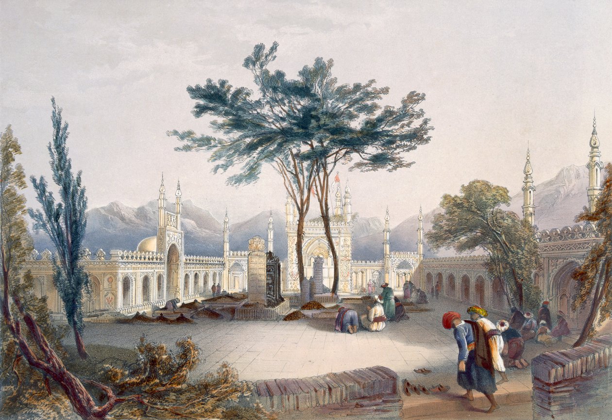 Mešita Goolaum Hoossein Huzrut-Jee, velký prorok Afghaunů, a Hrobky králů v Kandaháru, deska 30 z „Scenery, Inhabitants and Costumes of Afghanistan“, vyryla R. Carri od James Rattray