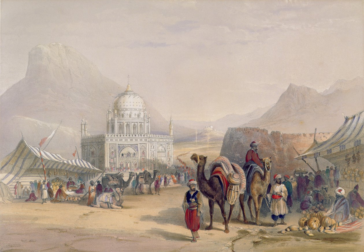 Chrám „Ahmeda Shauha“, krále Afghánistánu, Kandahár, deska 27 z „Scenérie, obyvatelé a kostýmy Afghánistánu“, vyrytý Robert Carrick (c.1829-1904) 1848 od James Rattray