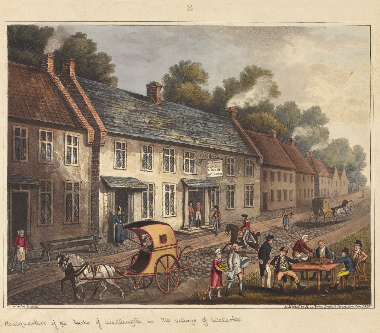 Sídlo vévody z Wellingtonu ve vesnici Waterloo, z „Historický popis bitvy u Waterloo“, 1817 (barevná akvatinta) od James Rouse