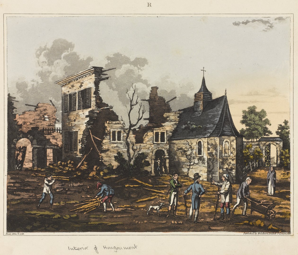 Interiér Hougoumontu, z „Historické zprávy o bitvě u Waterloo“, 1817 (barevná akvatinta) od James Rouse