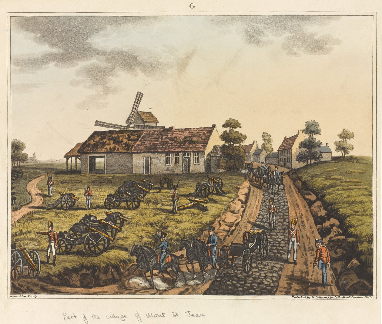 Část vesnice Mont St Jean, z „Historické zprávy o bitvě u Waterloo“, 1817 (barevná akvatinta) od James Rouse