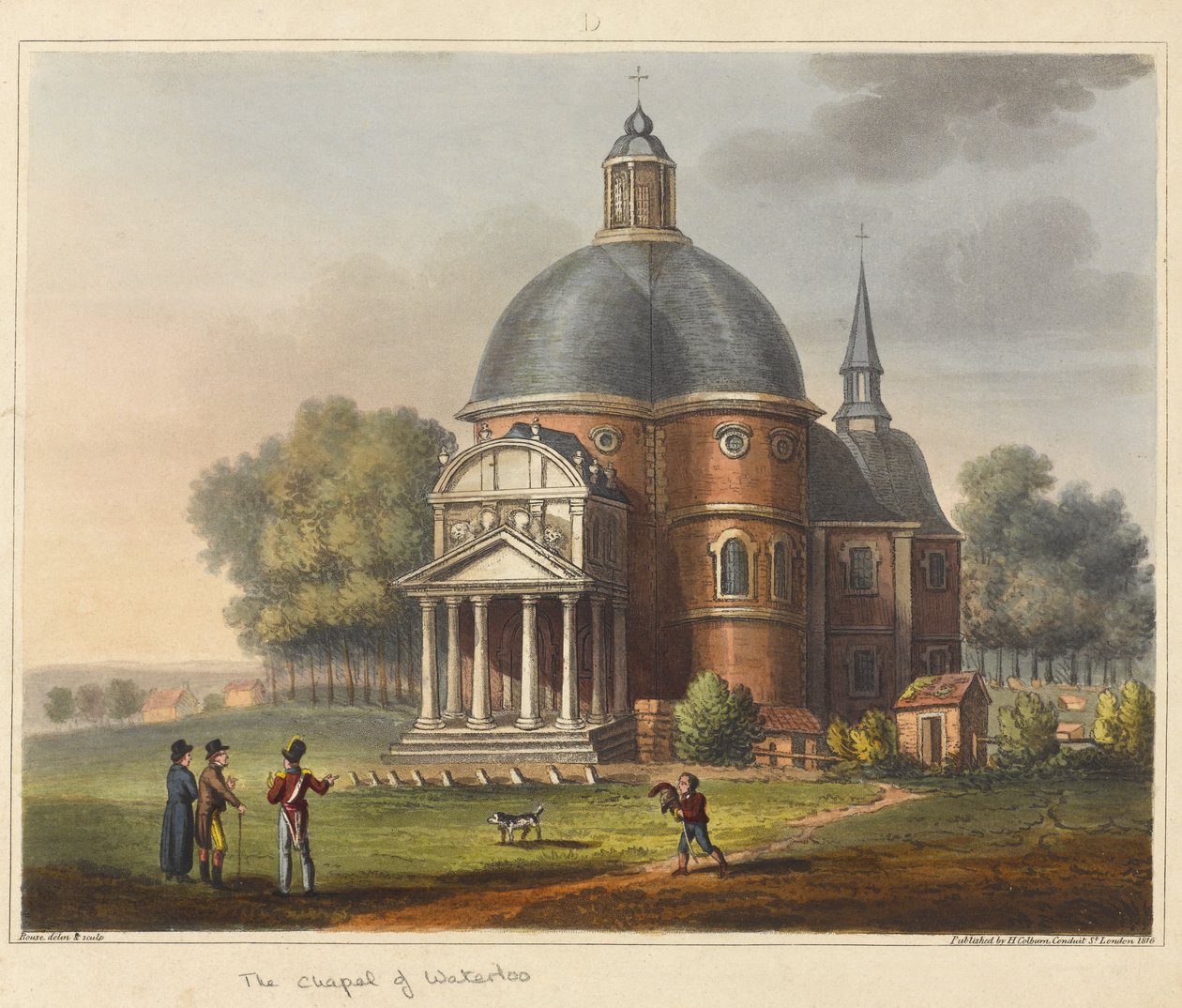 Kaple u Waterloo, z knihy "An Historical Account of the Battle of Waterloo", 1817 (kolorovaná akvatinta) od James Rouse