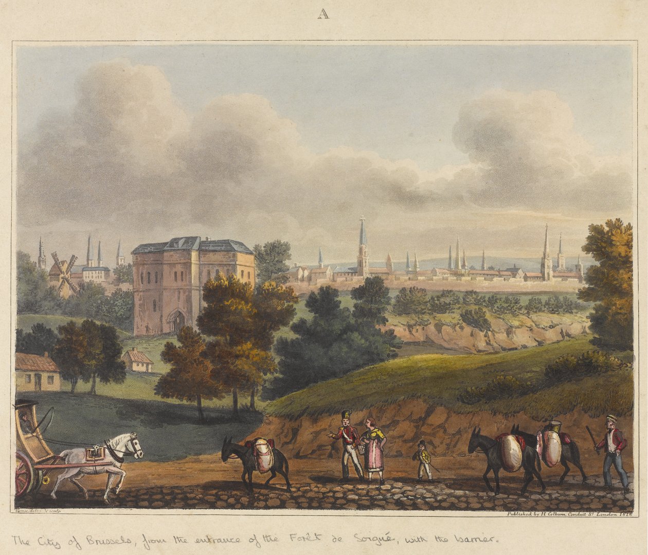 Město Brusel, od vchodu do Foret de Soignes, s bariérou, 1815, z „Historické zprávy o bitvě u Waterloo“, 1817 (barevná akvatinta) od James Rouse