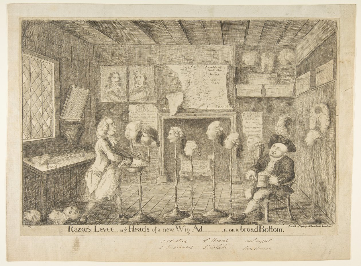 Razors Levée, or Ye Heads of a New Paruka Ad[ministration] on a Broad Bottom, 21. dubna 1783. od James Sayers
