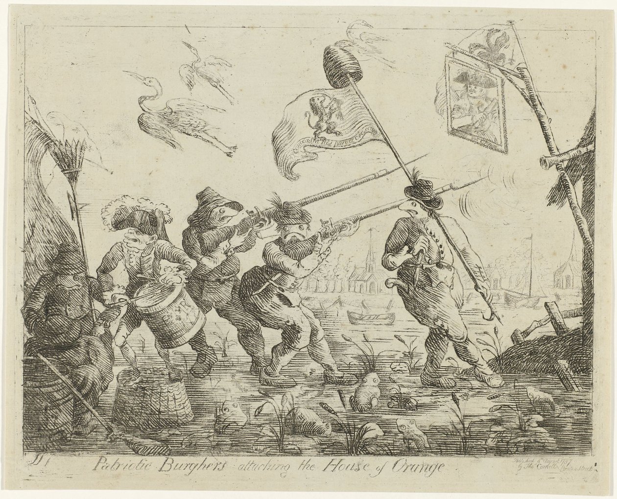 Spotprent op Goejanverwellesluis, 1787 Vlastenečtí měšťané útočící na House of Orange (název na objektu) od James Sayers