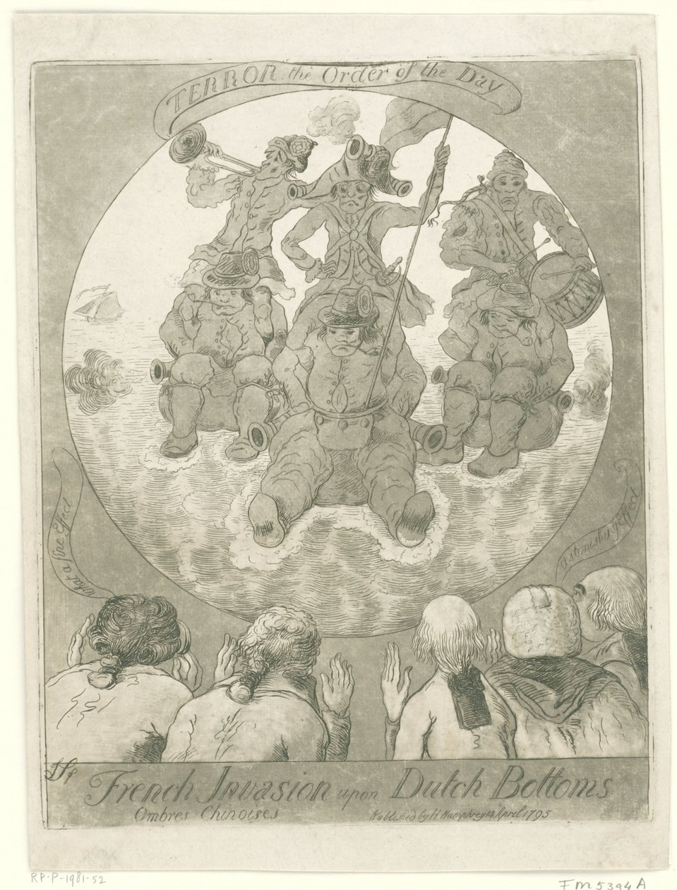 Spotprent op de Franse invasie, 1795 Francouzská invaze na nizozemské dno. Ombres Chinoises / Terror the Order of the Day (název na objektu) od James Sayers