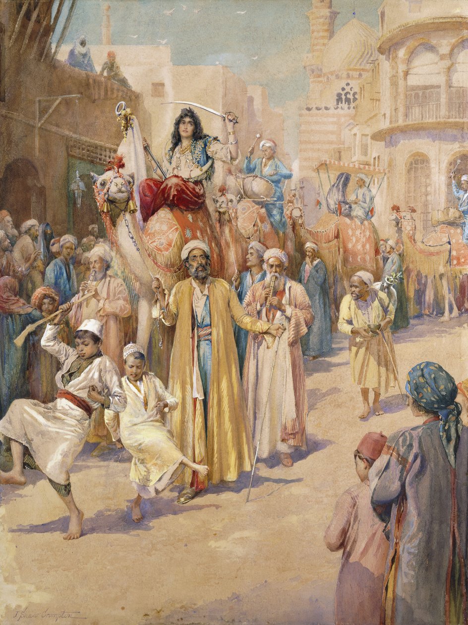 Arabský svatební průvod přes Káhiru, od James Shaw Crompton