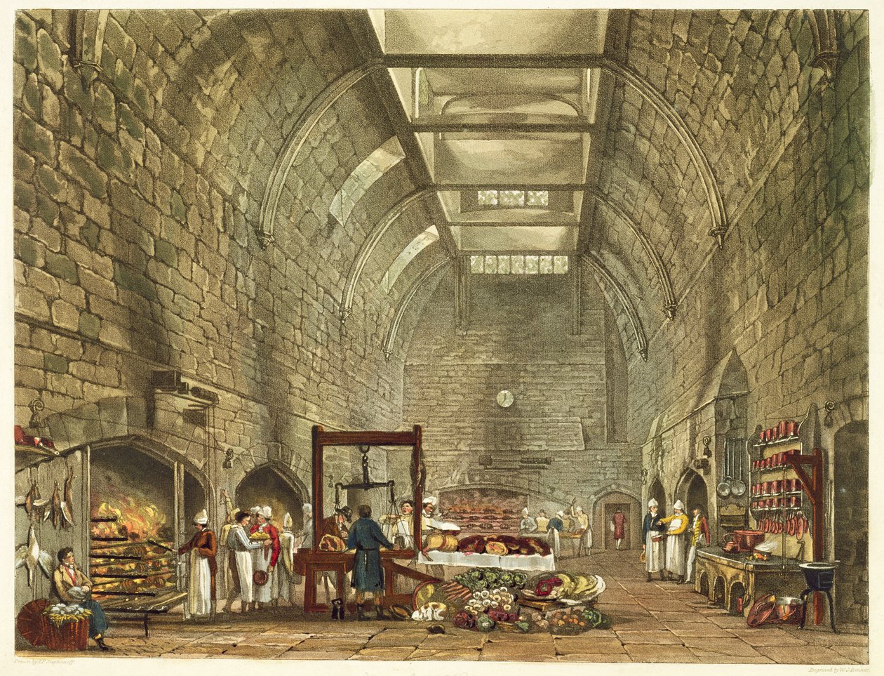 Starobylá kuchyně, hrad Windsor, vyrytý Williamem Jamesem Bennettem (1787-1844) z hospody 
