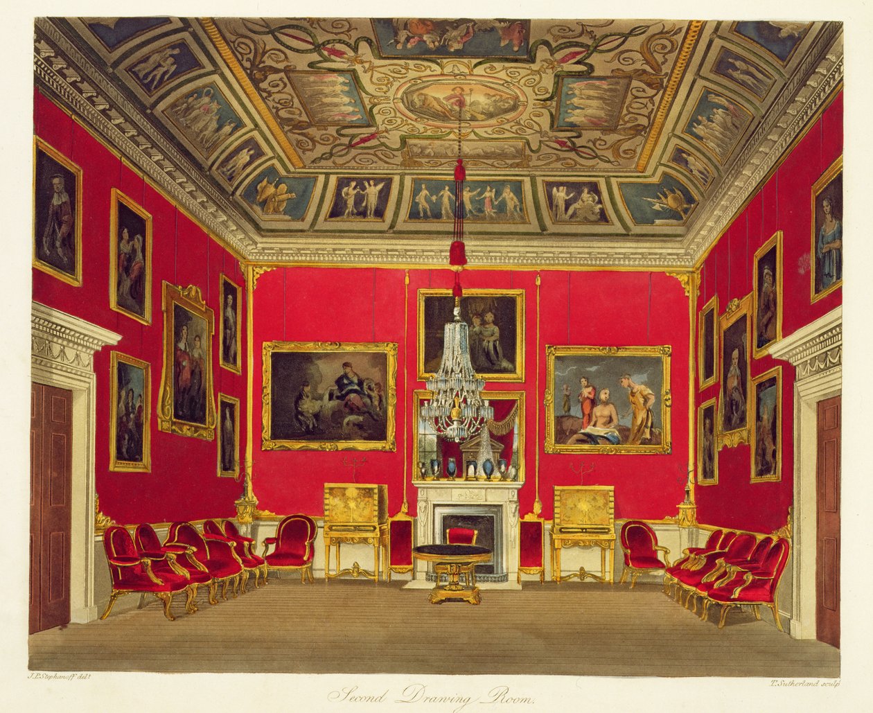 Druhý salonek, Buckingham House, z knihy "The History of the Royal Residences", vyryl Thomas Sutherland (nar. 1785), William Henry Pyne (1769-1843), 1818 od James Stephanoff