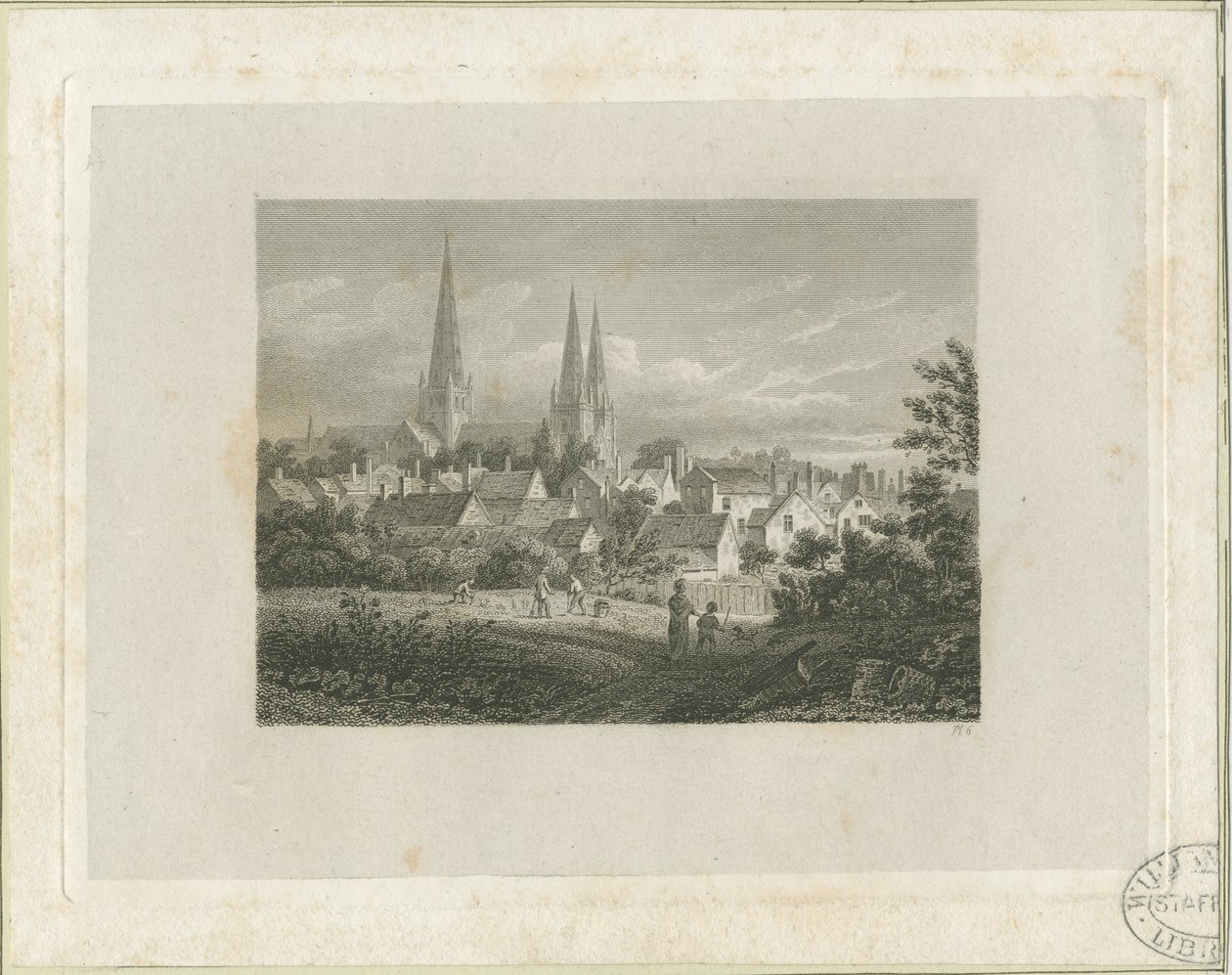 Katedrála Lichfield - pohled na severozápad (vzdálený): rytina, nd [c 1816] (tisk) od James Storer