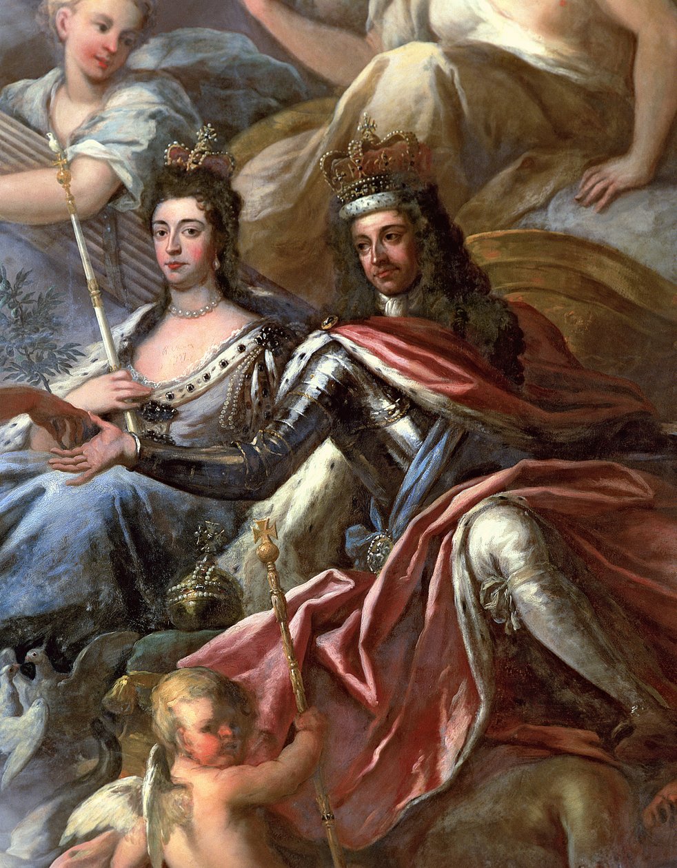 Strop Malovaného sálu, detail krále Viléma III. 1650-1702 a královny Marie II. 1662-94 trůnící, 1707-14 viz 208087 od James Thornhill