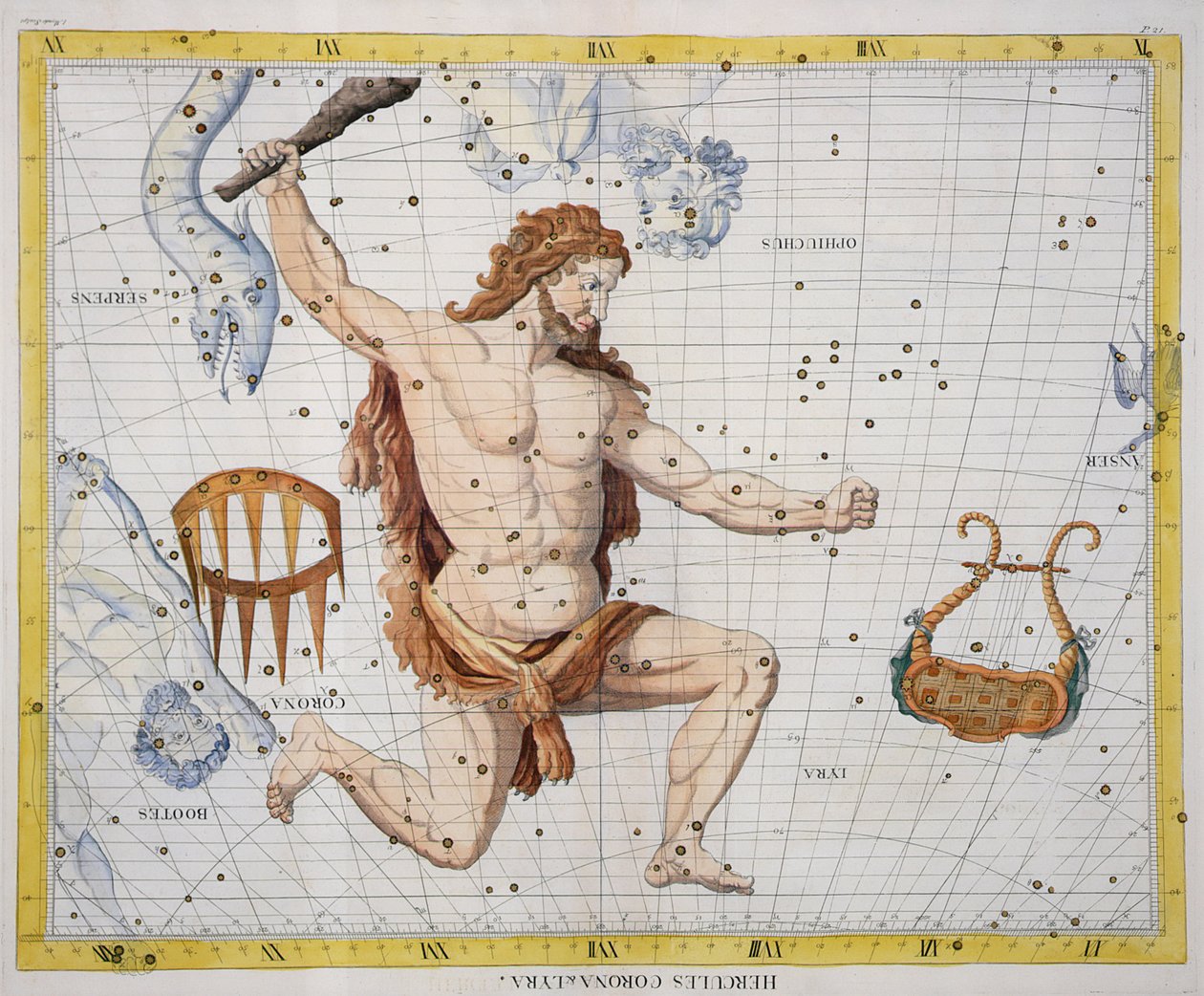 Souhvězdí Herkula s Korunou a Lyrou, deska 21 z knihy "Atlas Coelestis", autor John Flamsteed (1646-1710), vydáno v roce 1729 (ručně kolorovaná rytina) od James Thornhill