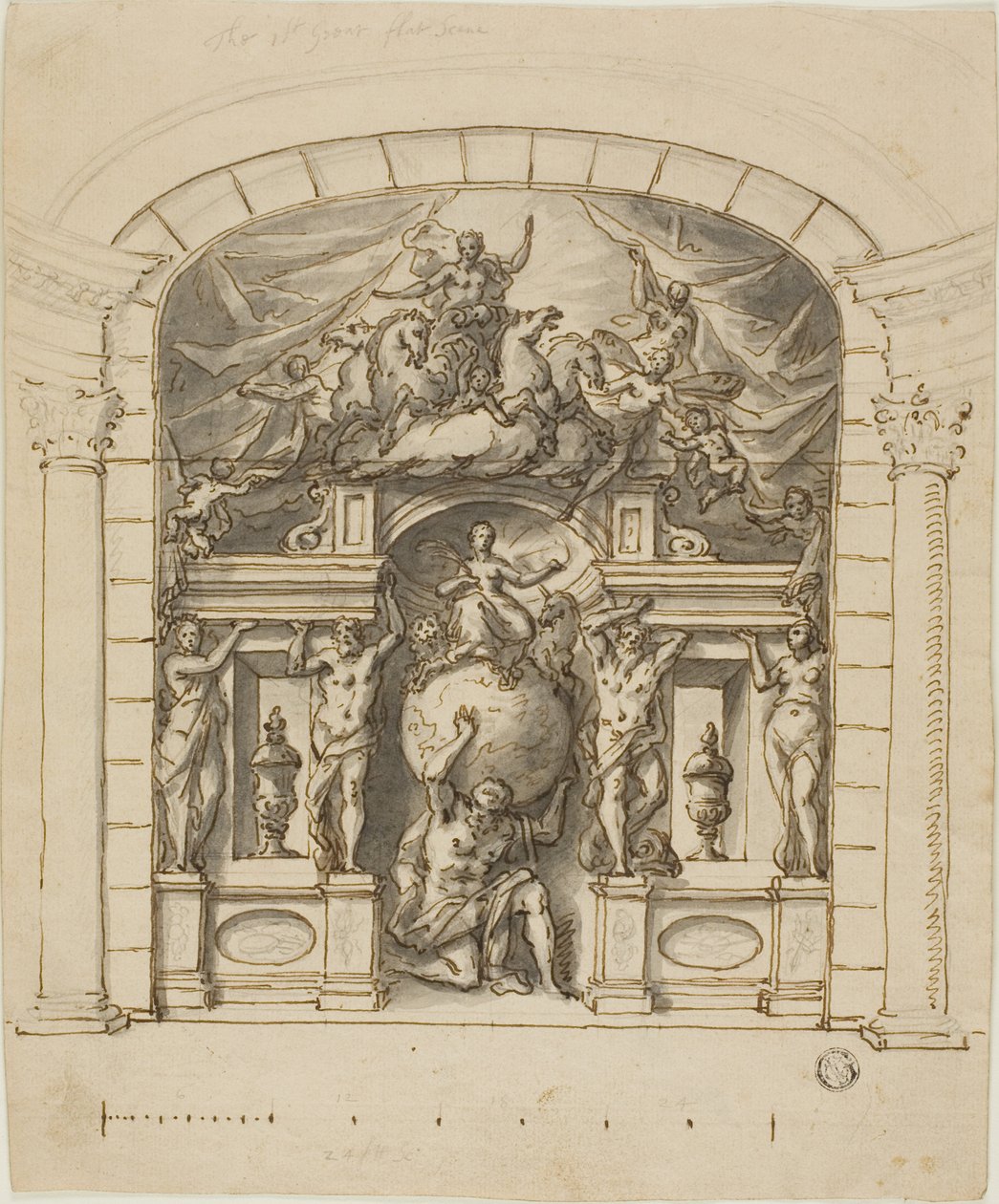 Design pro scénu (Hampton Court) s mytologickými postavami od James Thornhill