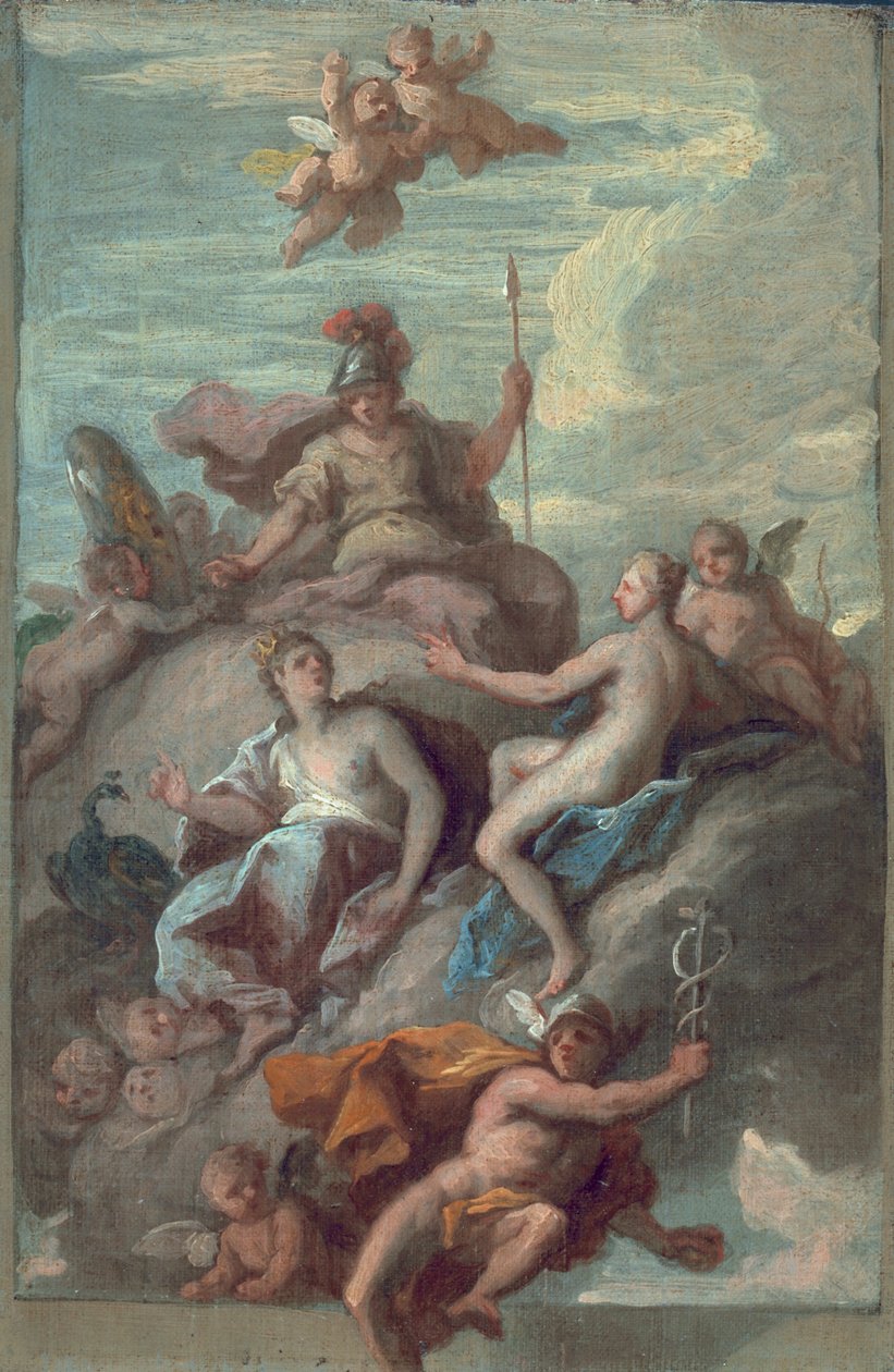 Juno, Minerva a Venuše rozesílají Merkur s jablkem sváru, kolem roku 1718 od James Thornhill