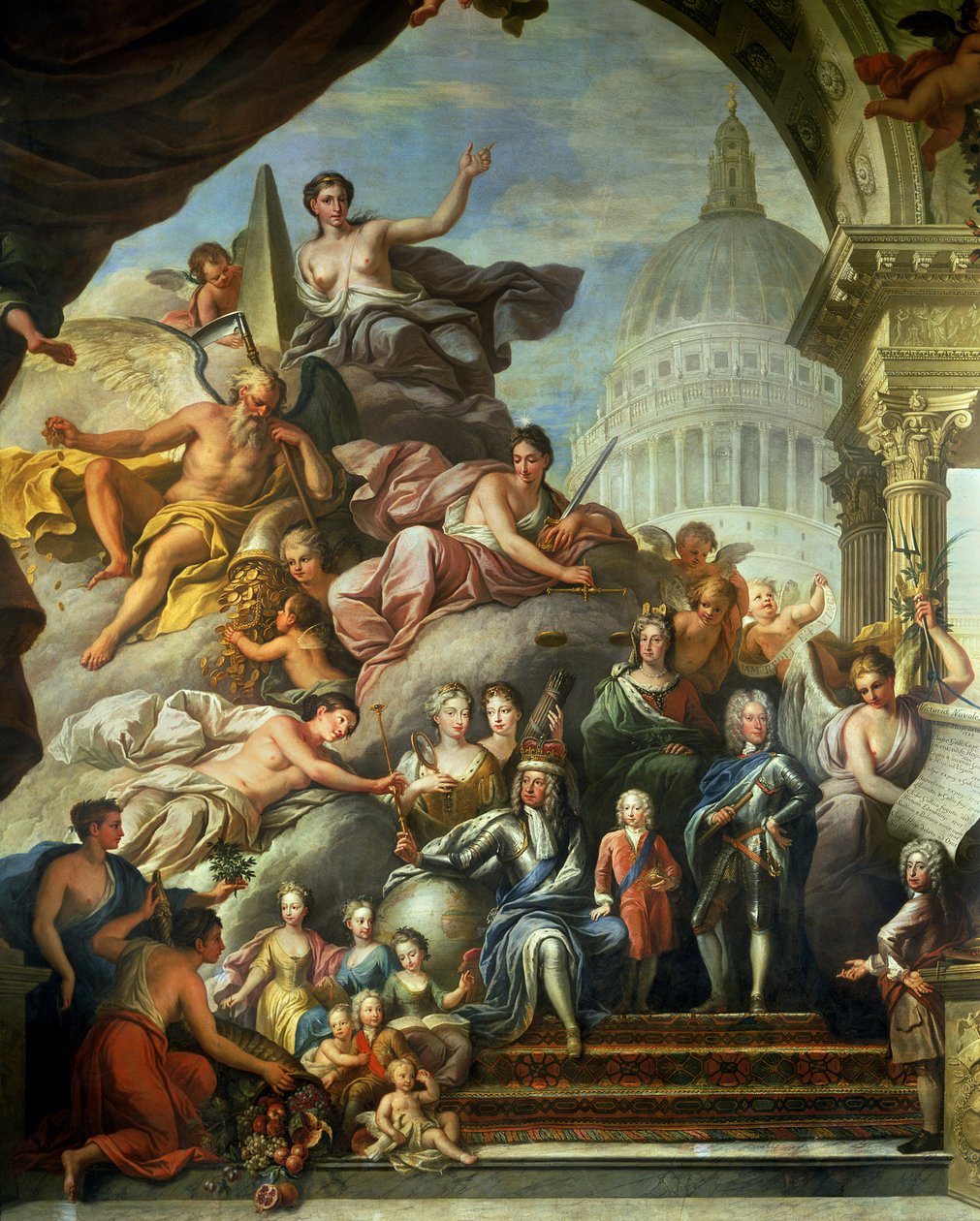 Zadní nástěnná malba Horní síně oslavující Jiřího I. (1660-1727) a Hannoverský dům, 1718-24 (viz také 208091, 7797 a 28499) od James Thornhill