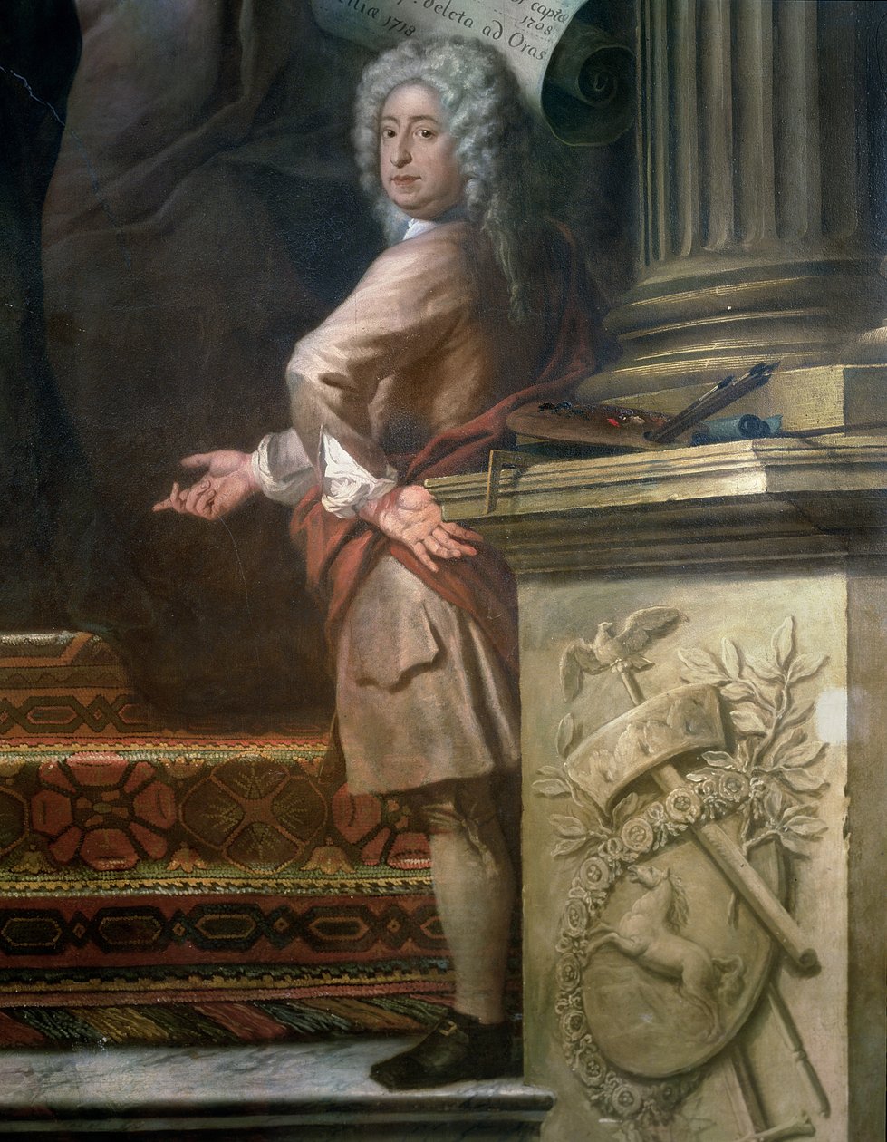 Obraz na zadní stěně Horní síně oslavující Jiřího I. 1660-1727 a Hannoverský dům, detail umělce, 1718-24 viz 208091 od James Thornhill