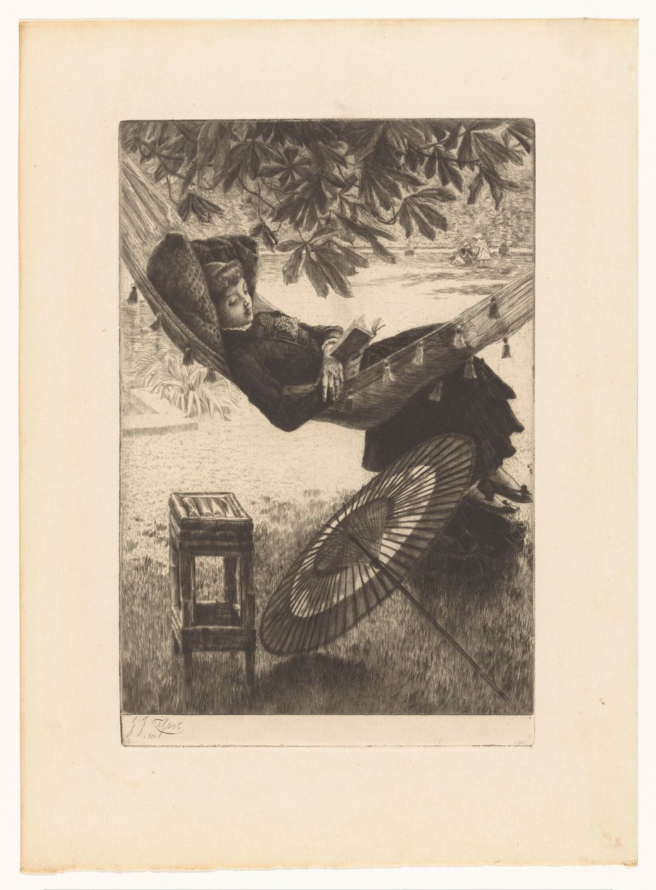 Mladá žena čtení v houpací síti od James Tissot