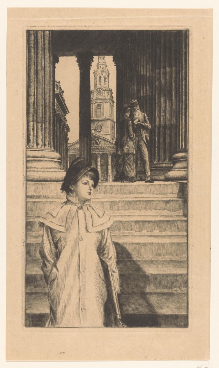 Mladá žena jde po schodech Národní galerie v Londýně od James Tissot