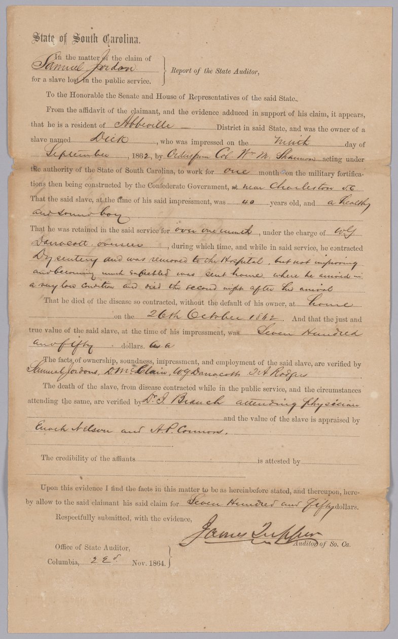 Nárok udělený konfederačním státem Jižní Karolína za zotročeného muže Dicka, 23. listopadu 1864. od James Tupper