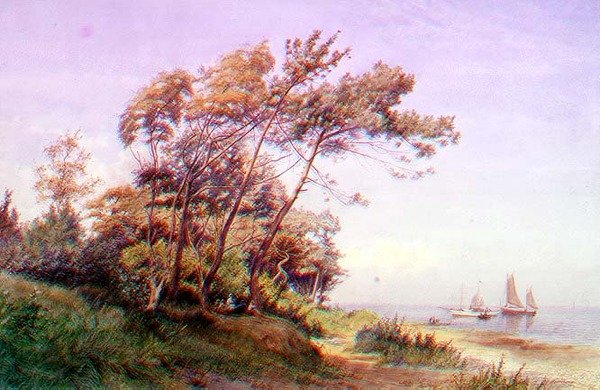 Piknik na pobřeží na Isle of Wight s jachtou ukotvenou na moři s praporem Royal Yacht Squadron od James Waite