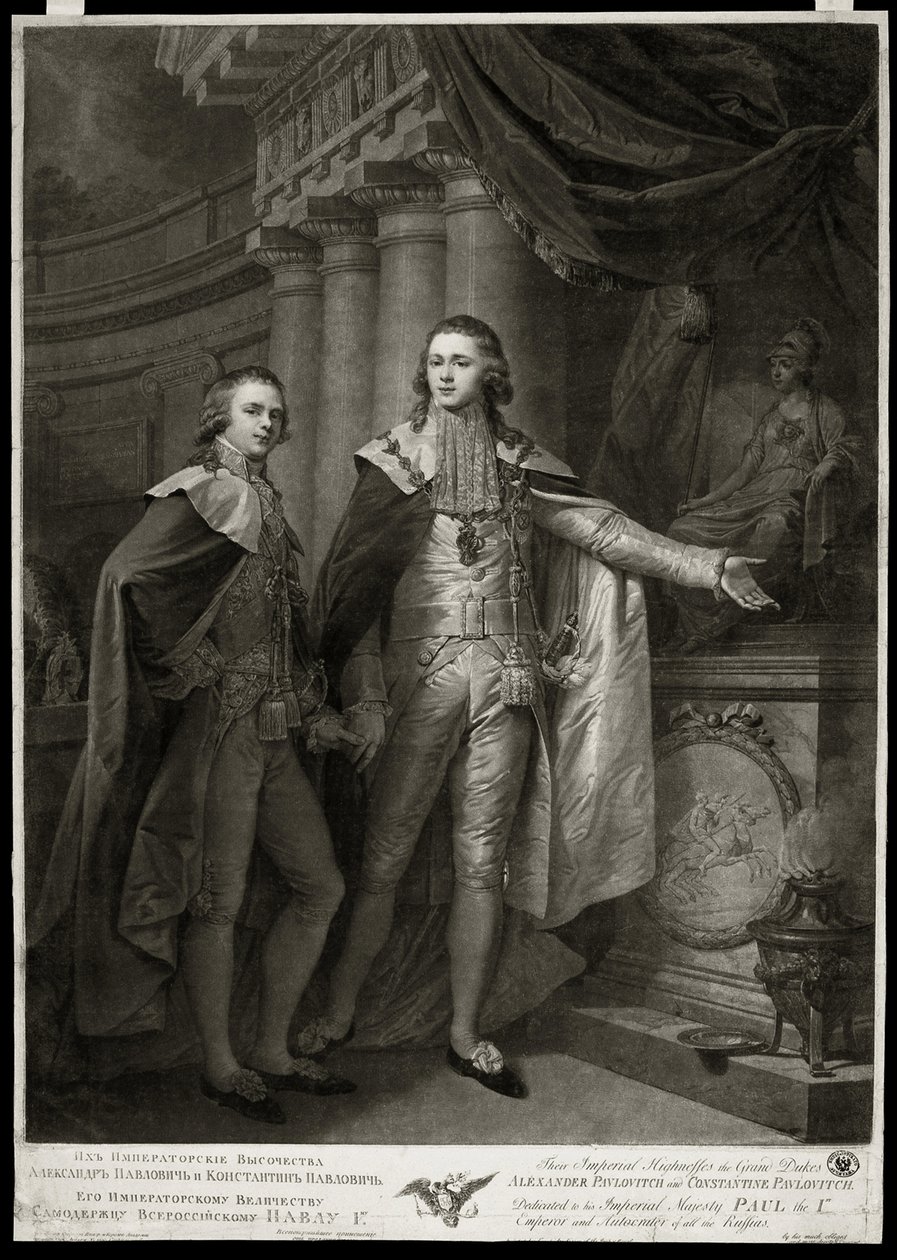 Portréty ruských velkovévodů Alexandra I. Pavloviče (1777-1825) a Constantina Pavloviče (1779-1831). Dílo Jamese Walkera (1748-cca 1808), rytina 1797. Anglické umění od James Walker